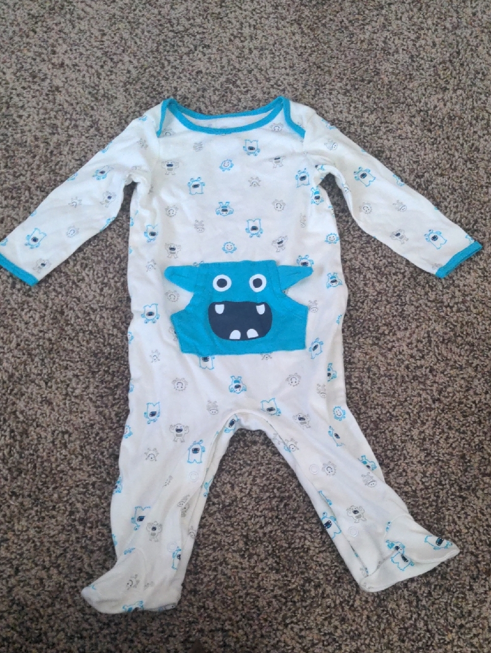Snapping White Footed One-Piece with Turquoise Monster Applique